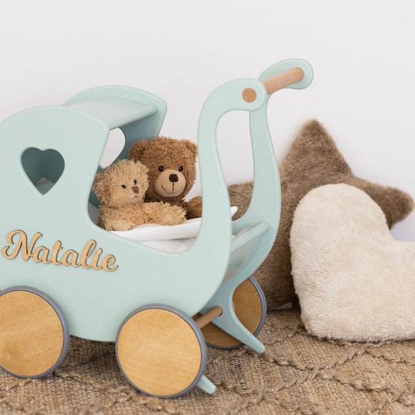 Toddler Walker, Baby Photo Prop, Doll Carriage in Mint, Custom Stroller Toy, Push Toys, Wooden Doll Pram, 1st Birthday Gift, Doll Buggy