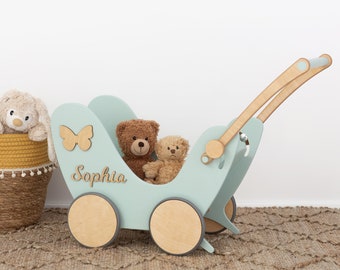 Handgefertigtes Holzspielzeug für Kinder, Puppenwagen, Kinderwagen Spielzeug & Bettzeug, Schiebewagen zum Laufen lernen, Schiebewagen