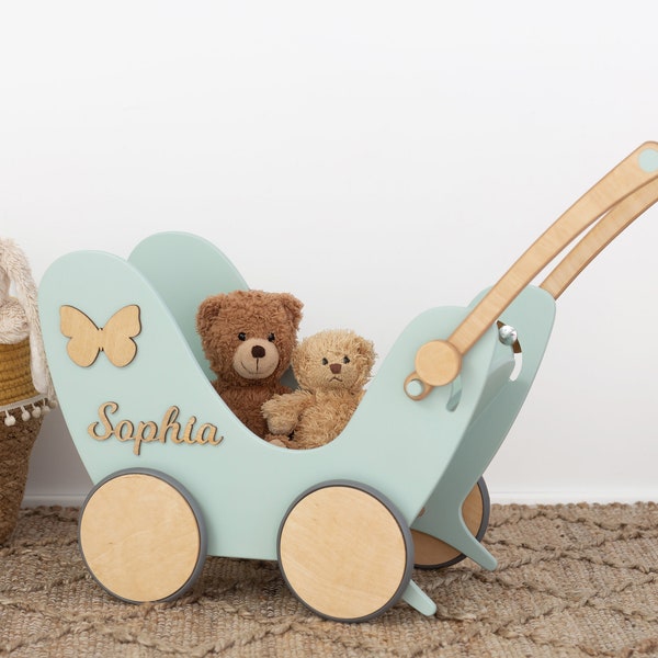 Handmade Wooden Kids Toys - Baby Pushchair, Doll Carriage, Customized Child Toy with Name, Toddler Walker - Unique First Birthday Gift