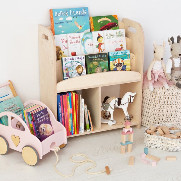 Wooden Montessori Bookcase | Books & Toys Storage | Front Facing Bookshelf |  Montessori Bookshelf | Kid's Room Toy Rack |  Toddler Bookcase