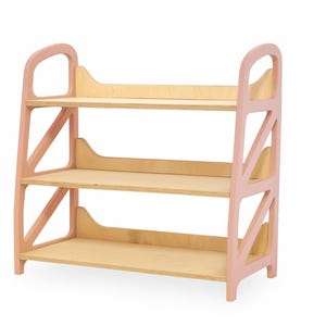 Montessori toy storage shelf in Dusty Blush, wooden kids shelf with three tiers for toy storage, nursery furniture for kids play corner and reading nook.