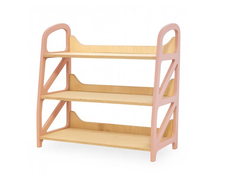 Montessori toy storage shelf in Dusty Blush, wooden kids shelf with three tiers for toy storage, nursery furniture for kids play corner and reading nook.