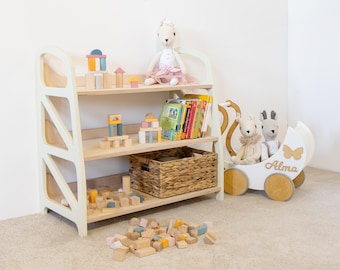 Handmade Montessori Toy Shelf: 3-Tier Kids Organizer, Military Green