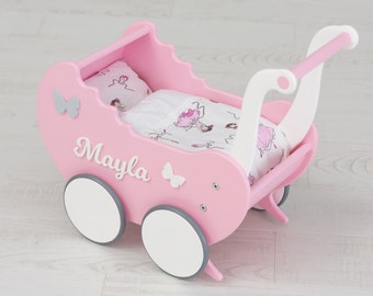 Lauflernwagen für Kleinkinder, Rosa Puppe Kinderwagen aus Holz, Schiebespielzeug, Individueller Puppenwagen, Geschenk zum 1 Geburtstag