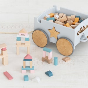 Toy Storage with Wheels, Pull Toy Box Organizer, Personalized Toy Wagon, Wooden Trolley for Kids, First Birthday Gift for Baby Boys & Girls