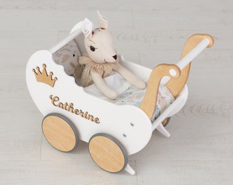 Puppenwagen, Geschenk zum 1. Geburtstag, Kinderwagen aus Holz, Individuelles Kinderspielzeug, Puppenzubehör, Kinderwagen mit Namen