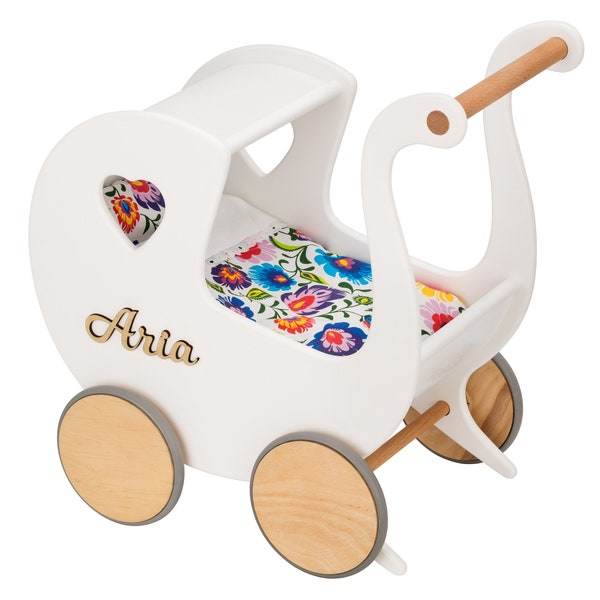 Baby Push Walker, Retro Style Doll Carriage, Wooden Stroller Toy, Personalized Doll Pram, Montessori Nursery Toys, Gifts for 1 Year Old Girl