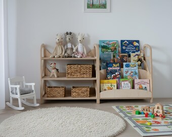 Nursery Bookshelf & Montessori Toy Shelf | Wooden Kids Organizer | Playroom Storage Set