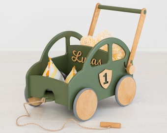 Jouet à pousser et à tirer pour un garçon, Voiture à pousser en bois pour votre enfant, Poussette en bois pour bébés, Jouet auto de marcher