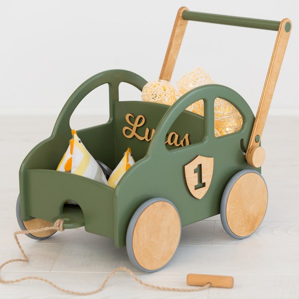 Jouet à pousser et à tirer pour un garçon, Voiture à pousser en bois pour votre enfant, Poussette en bois pour bébés, Jouet auto de marcher