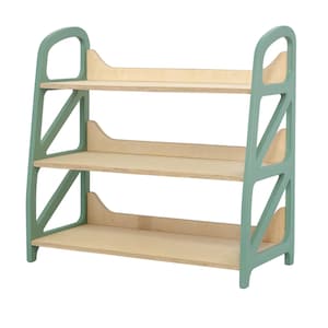 Montessori toy storage shelf in Sage Teal, wooden kids shelf with three levels, ideal for toy storage, playroom organization, kids play corner or reading nook.