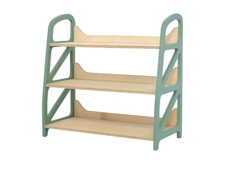Montessori toy storage shelf in Sage Teal, wooden kids shelf with three levels, ideal for toy storage, playroom organization, kids play corner or reading nook.