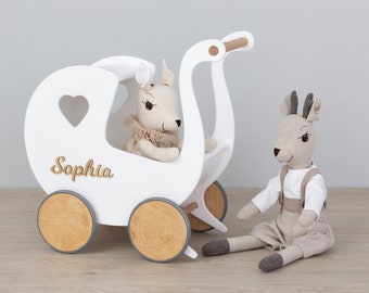 Baby & Kleinkind Spielzeug, Individueller Puppenwagen, Montessori Schiebewagen aus Holz, Puppenwagen mit Namen, 1. Geburtstag Mädchen