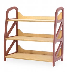 Montessori shelf in Fig Plum color — wooden toy storage with three open levels for kids storage, nursery furniture and playroom organization.