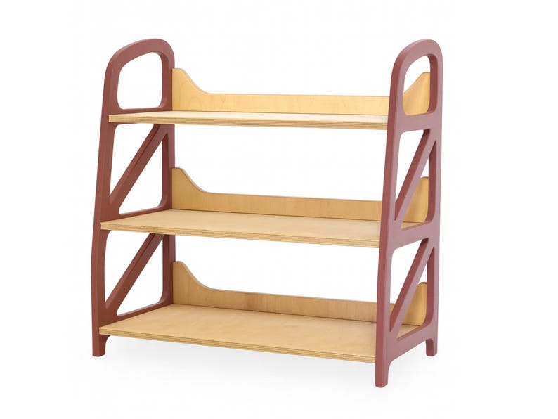 Montessori shelf in Fig Plum color — wooden toy storage with three open levels for kids storage, nursery furniture and playroom organization.