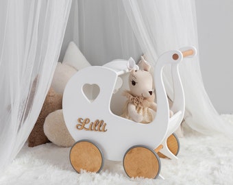 Lauflern Puppenwagen | Holzpuppenwagen mit Namen | Personalisiertes Kinderwagen | 1 Geburtstag Geschenk | Lauflernwagen für Kleinkinder