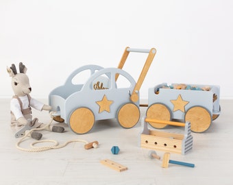 Wooden Toddler Walker - Baby Push Toy Car with Wheels, Custom Baby Walker Vehicle - Montessori Toy. Unique Personalized 1st Birthday Gift