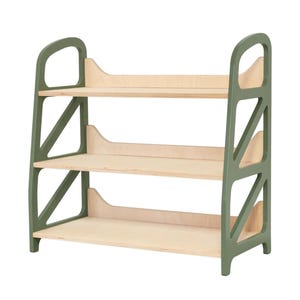 Montessori shelf in Military Green, wooden toy storage rack with three open shelves for kids play corner and reading nook, nursery furniture for organized kids storage.