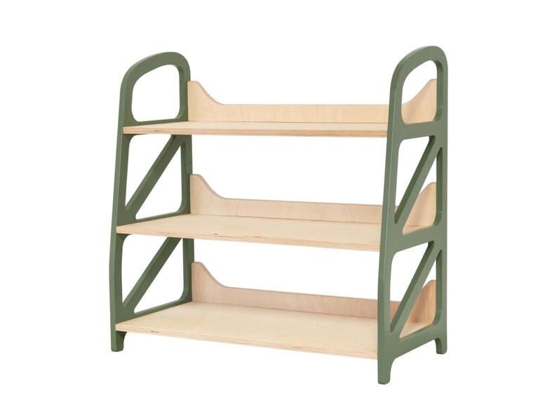 Montessori shelf in Military Green, wooden toy storage rack with three open shelves for kids play corner and reading nook, nursery furniture for organized kids storage.
