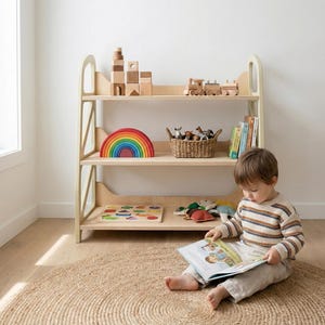 Montessori toy storage shelf in Vanilla Cream used as kids reading nook organizer, wooden nursery furniture for play corner.
