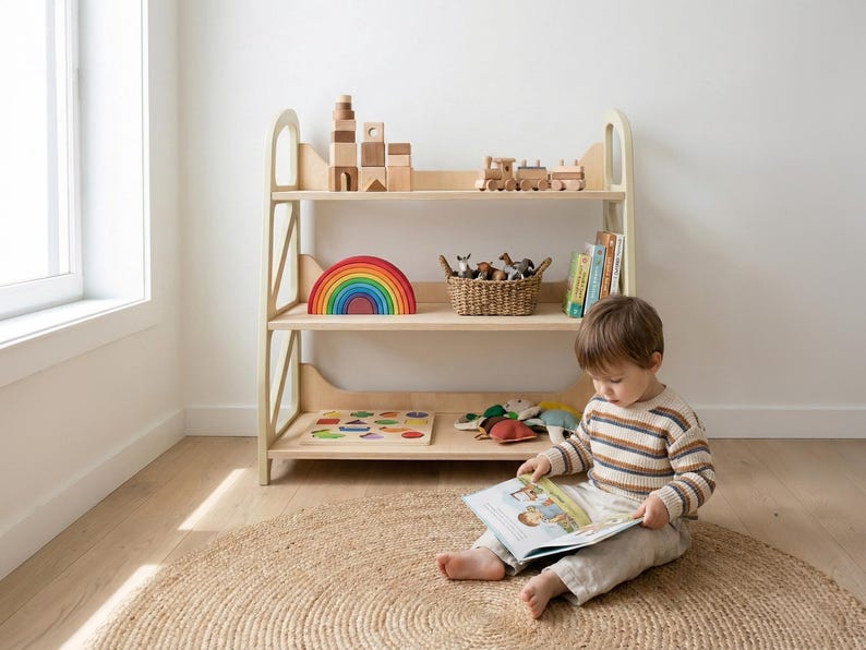Montessori toy storage shelf in Vanilla Cream used as kids reading nook organizer, wooden nursery furniture for play corner.