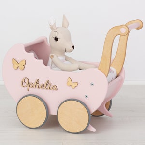 Custom Baby & Toddler Toy, Wooden Doll Pram, Montessori Play Cart, Stroller with Name, Doll Carriage, Boho Nursery Toys, 1st Birthday Girl