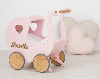Doll Pram with Name & Bedding, Push Along Baby Walker, Wooden Stroller Toy, Montessori Toy for Girl, Custom First Birthday Gift for Toddlers