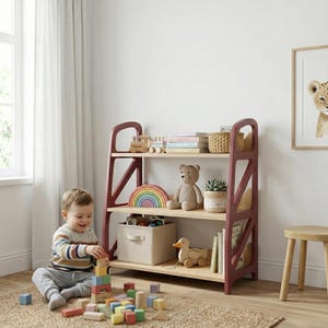 Montessori toy storage shelf in Fig Plum in kids play corner, wooden nursery furniture for toys and books.