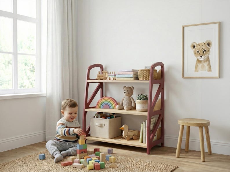 Montessori toy storage shelf in Fig Plum in kids play corner, wooden nursery furniture for toys and books.