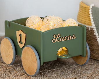 Kids Toy Box, Wooden Toy Organizer, Montessori Toys for Baby Boy Nursery,  Personalized Toy Car Storage Box for Toddlers, 1st Birthday Gift