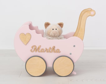BABY LAUFLERNWAGEN, Puppenwagen, Kinderwagen aus Holz für Baby Girl, Buggy Schiebewagen, Personalisiertes Geschenk mit Namen und Bettwäsche