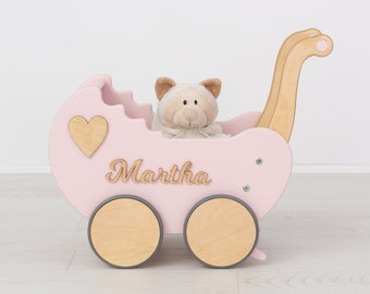 Baby Walker and Doll Pram Set, Wooden Stroller for Girls, Personalized Child's Birthday Gift, Baby Shower or Baptism Present for Toddler