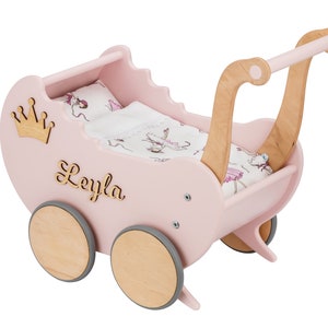 Roze poppenwagen - loopstoeltje voor peuters en unieke babyfotorekwisieten, handgemaakte houten kinderwagen / poppenwagen, 1e verjaardagscadeau voor meisjes