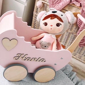 Peuterschuiver, Houten roze pop Wandelwagen, Duw speelgoed, aangepaste poppenwagen, eerste verjaardagscadeau, aangepast stuk speelgoed