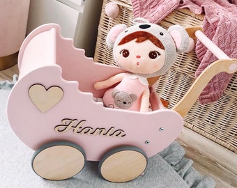 Lauflernwagen für Kleinkinder, Rosa Puppe Kinderwagen aus Holz, Schiebespielzeug, Individueller Puppenwagen, Geschenk zum 1 Geburtstag