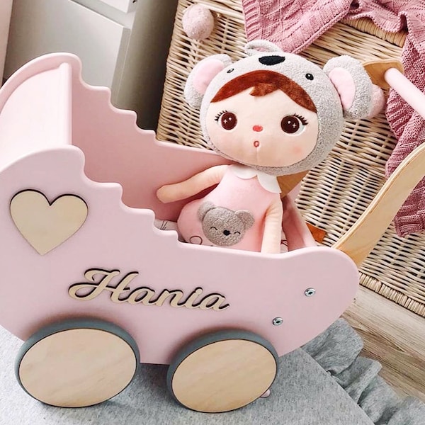 Pink Doll Stroller - Toddler Walker and Unique Baby Photo Props, Customized Wooden Pram Toy / Doll Carriage, 1st Birthday Gift for Girls