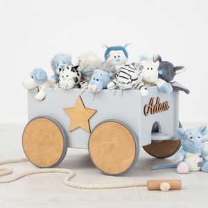 Pull Toy Organizer For Toddlers, Wooden Box on Wheels, Nursery Toy Organizer, Wagon for Baby Boy & Girl, Personalized Toy Trailer with Name