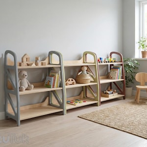 Montessori shelf set for toy storage in Cloud Gray, Sage Teal and Fig Plum — wooden kids storage furniture for playroom and reading nook by TukuTuk.