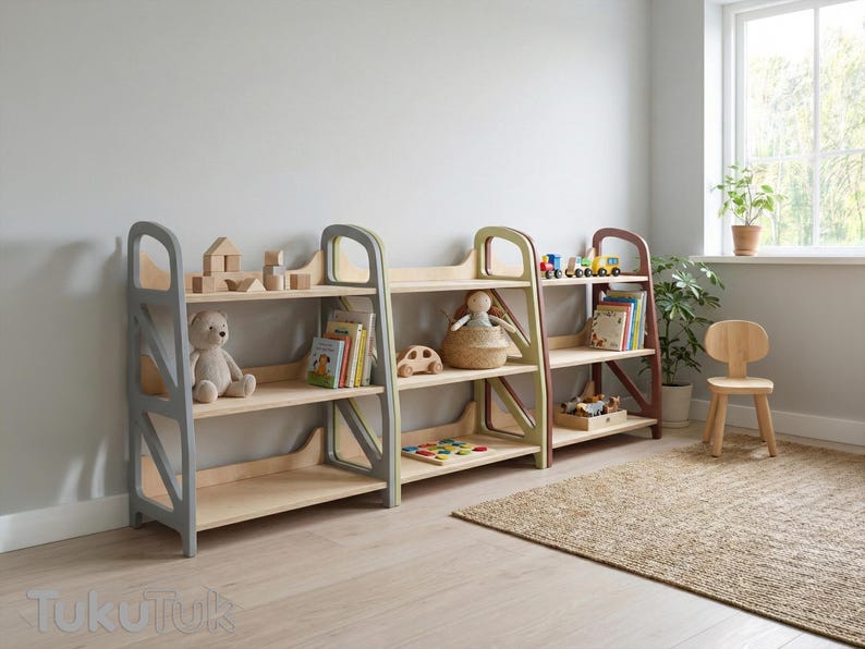 Montessori shelf set for toy storage in Cloud Gray, Sage Teal and Fig Plum — wooden kids storage furniture for playroom and reading nook by TukuTuk.