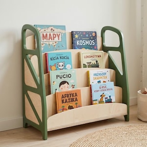 Green Low Bookshelf for Kids: Montessori Front-Facing Book Rack