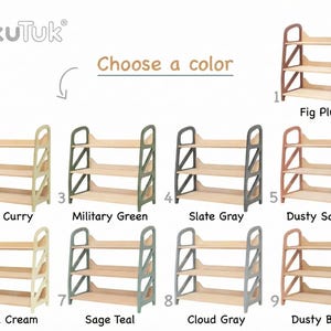 Montessori shelf color chart – wooden toy storage for kids, showing all color options: Fig Plum, Soft Curry, Military Green, Slate Gray, Dusty Salmon, Vanilla Cream, Sage Teal, Cloud Gray, Dusty Blush – TukuTuk.