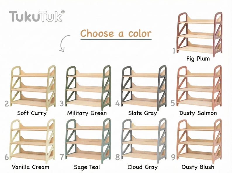 Montessori shelf color chart – wooden toy storage for kids, showing all color options: Fig Plum, Soft Curry, Military Green, Slate Gray, Dusty Salmon, Vanilla Cream, Sage Teal, Cloud Gray, Dusty Blush – TukuTuk.
