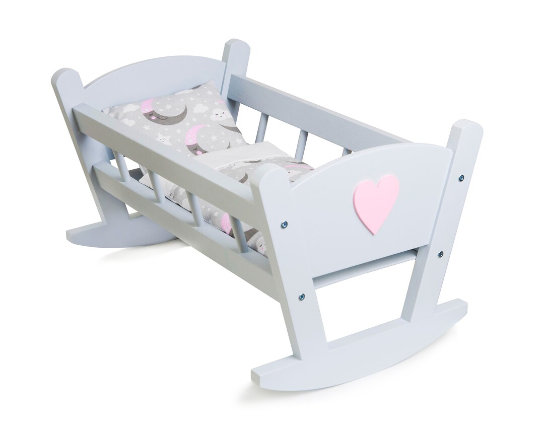 Gift for Girls Wooden Cradle Bed for a Dolls. Light Grey With Decors