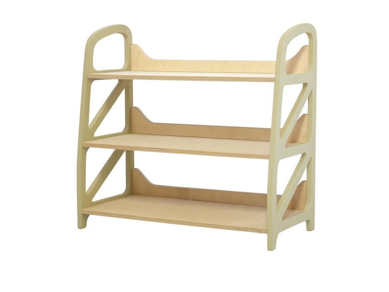 Montessori shelf in Soft Curry color – wooden toy storage shelf for kids storage, nursery furniture and kids play corner.