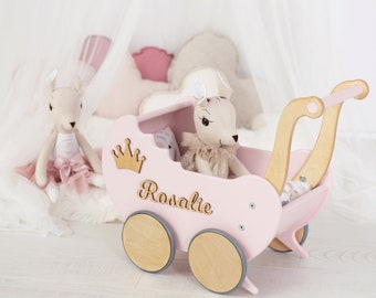 Push Along Baby Walker, Wooden Stroller Toy, Doll Carriage with Name & Bedding, Montessori Toy for Girl, Custom Birthday Gift for Toddlers