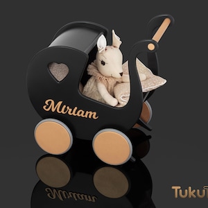 PREMIUM Baby Duw Speelgoed, LUXE 1e Verjaardag, UNIEK houten speelgoed, Exclusieve zwarte poppenwagen, Gepersonaliseerd cadeau met naam