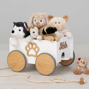 Pull Toy Box for Toddlers, Wooden Wagon for Baby, Playroom Toy Storage on Wheels, Personalized Trolley, Montessori Toy Organizer for Nursery