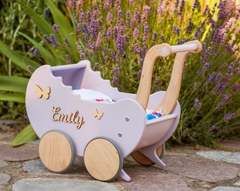 HolzKinderwagen für Puppen, Spielzeug für Kinder, Geschenk für den ersten Geburtstag und Weihnachten, Puppenwagen, Kinderzimmer Spielzeug