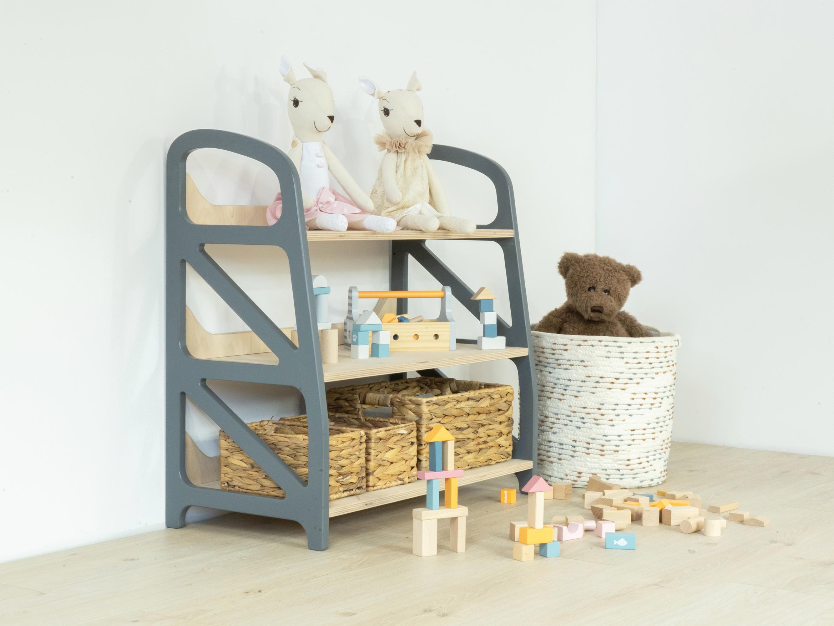 Montessori Toy Shelf: Handmade Wooden Bookshelf, Scandinavian Nursery Furniture