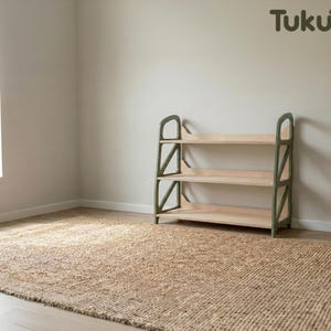 Montessori shelf in Military Green for toy storage, wooden kids shelf for playroom decor and nursery furniture by TukuTuk.
